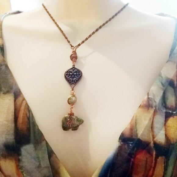Unique Unakite Jasper Bear "Y" + Copper Necklace! 4 Wire Wrapped Beaded Sections - Picture 2 of 14